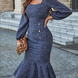 Navy Blue Tweed Square Neck Puff Sleeve Mermaid Dress